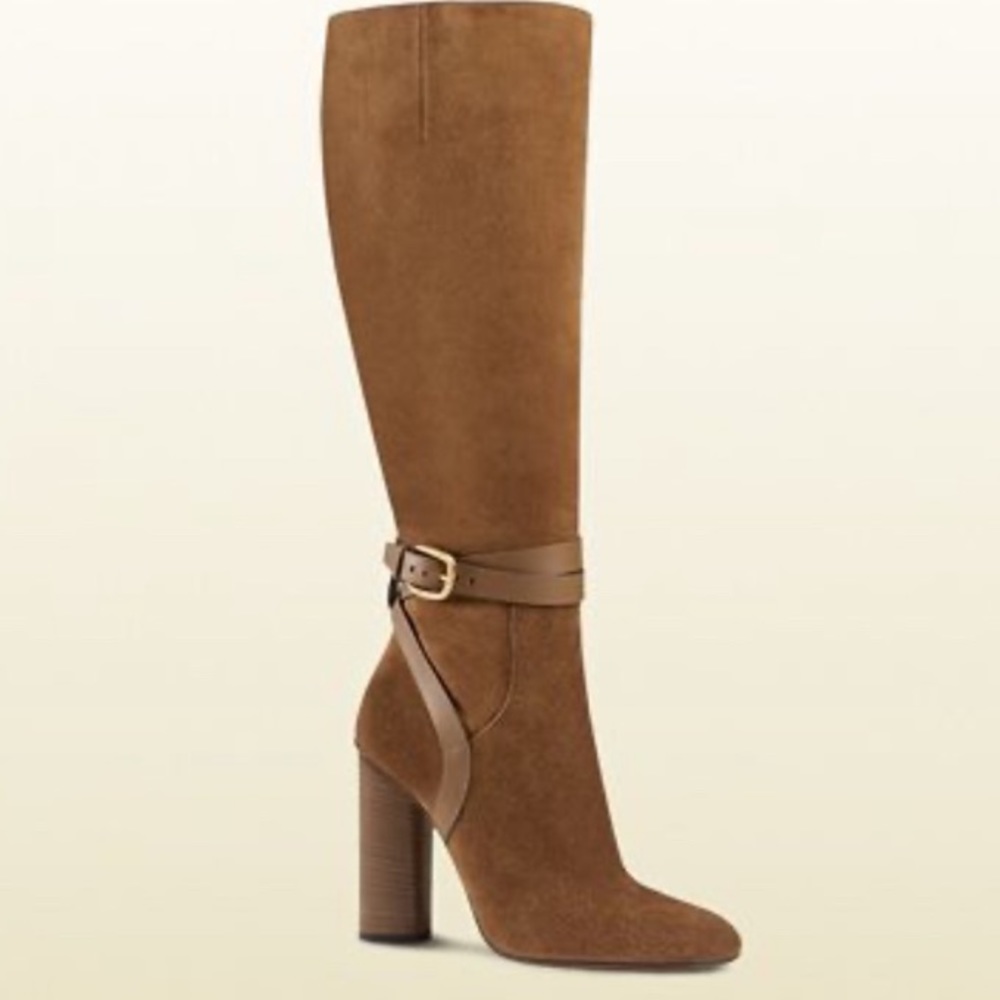 Gucci Abigail Suede Knee High Block
Heeled Buckle Strappy Boots Size 36.5 - Picture 2 of 8